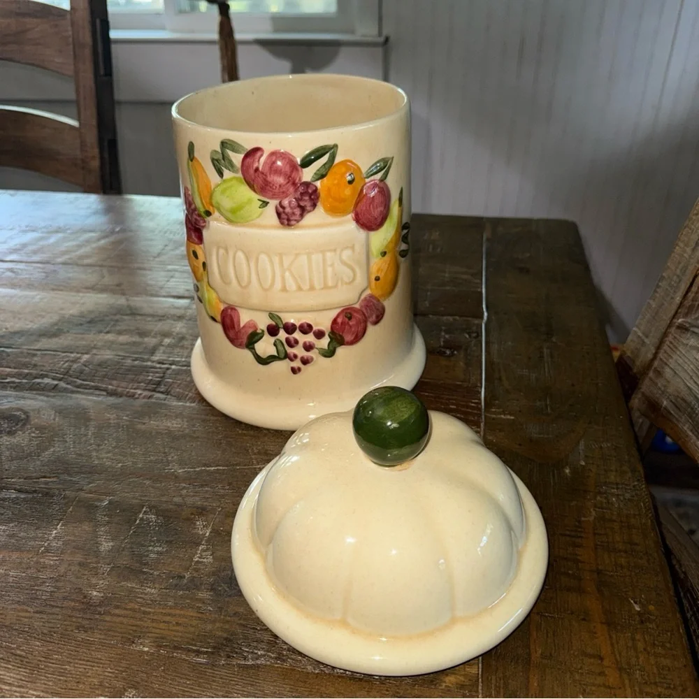 Cream Ceramic Cookie Jar with Fruit Wreath and Green Knob